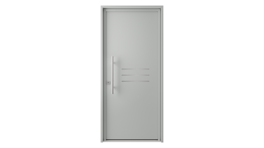 Porte d'entrée aluminium LIPSI Porte d'entrée grise avec décor inox et barre de tirage